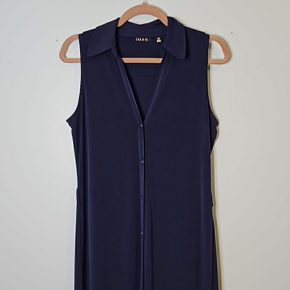 Iman, navy blue, sleeveless, button down maxi dress.  Size M.